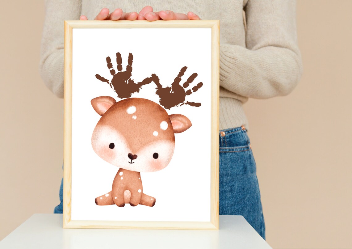 Cute Watercolor Fawn Handprint Antlers Nursery Animal Art Poster - Image 4