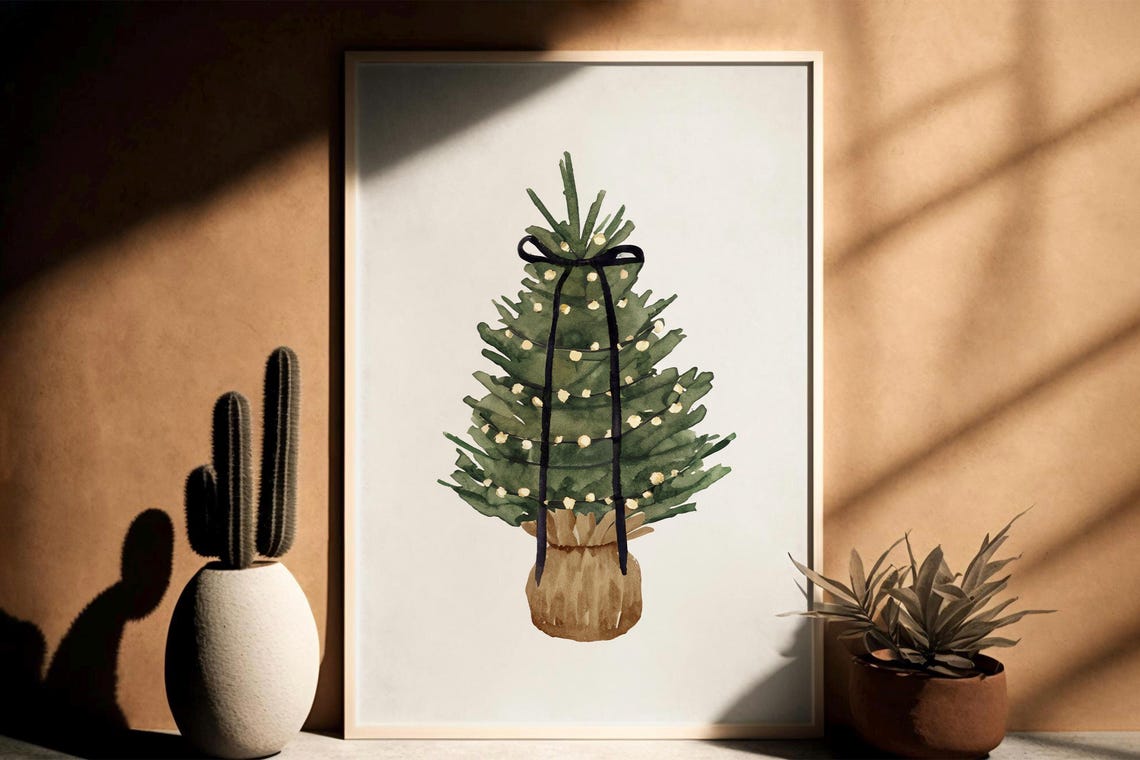 Minimal Watercolor Christmas Tree with Black Bow Modern Holiday Poster