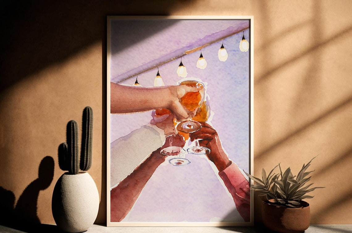 Watercolor Cheers Hands Raising Glasses Festive Bar Cart Decor Poster