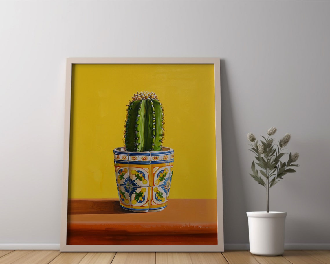 Green Cactus in Decorative Sicilian Tile Pot Bold Yellow Art Poster - Image 3