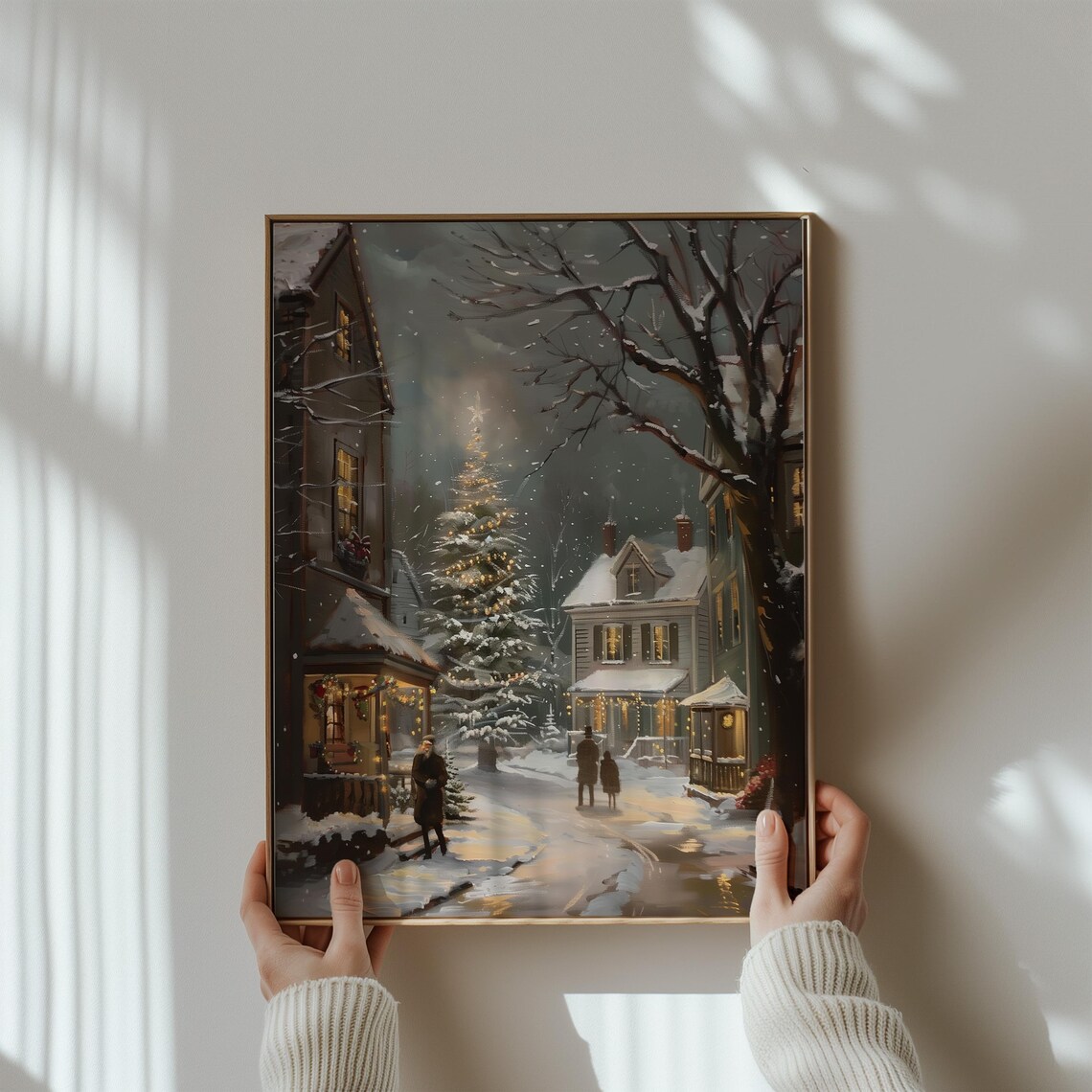 Snowy Village Street at Night with Glowing Christmas Tree Vintage Poster - Image 3