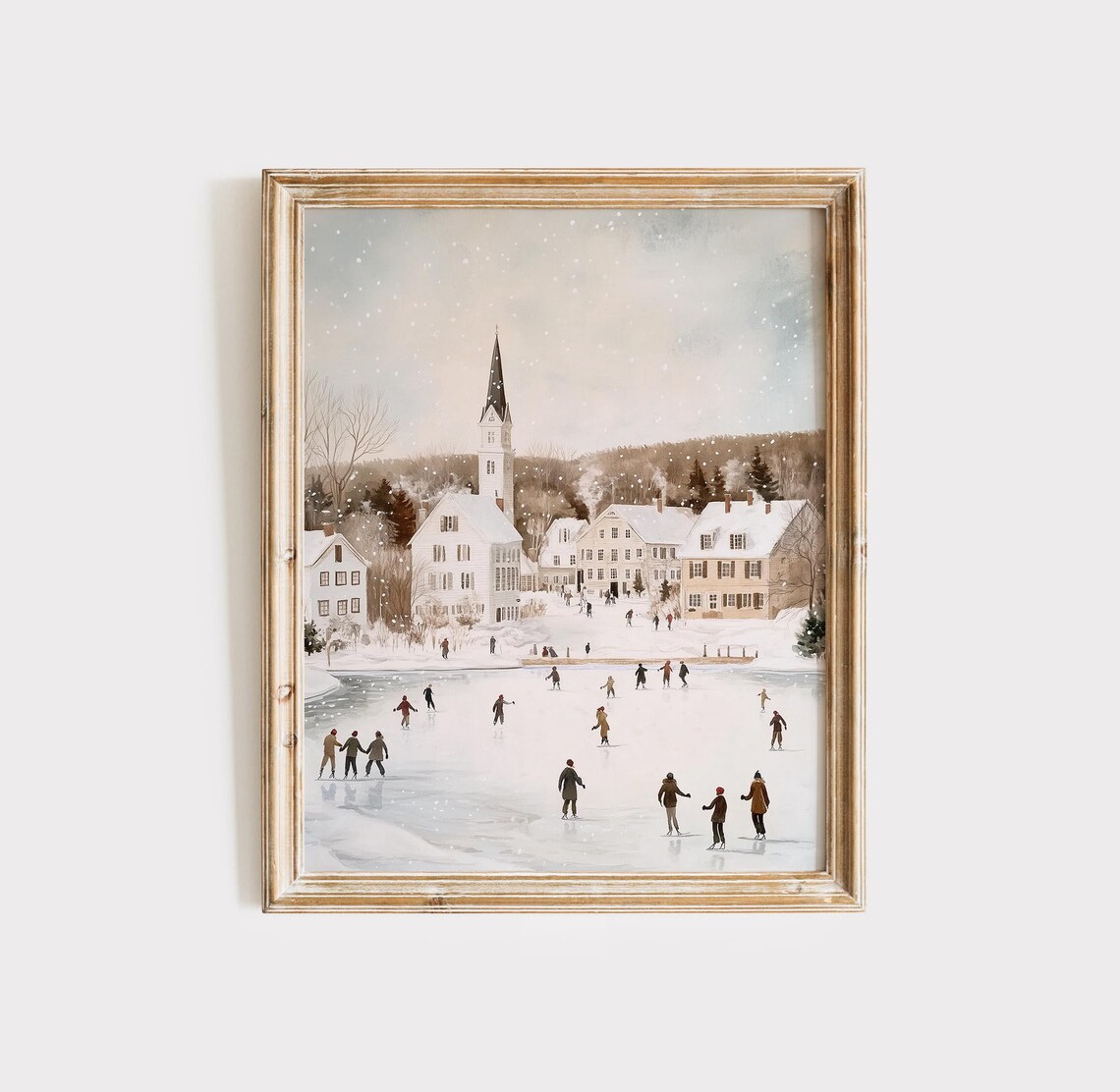 Vintage Snowy Village Scene with Ice Skaters on Frozen Pond Poster