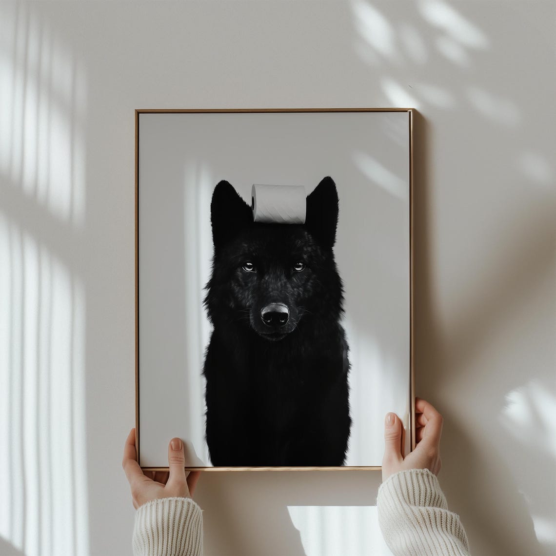 Funny Black and White Wolf with Toilet Paper Roll on Head Poster - Image 2
