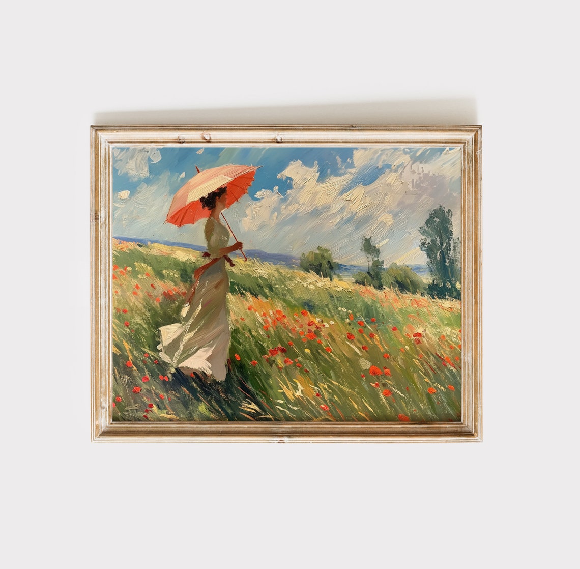 Impressionism Print Farm Decor Umbrella Woman Art Countryside Wall Decor Wildflower Mural Landscape Oil Painting Country Field Art