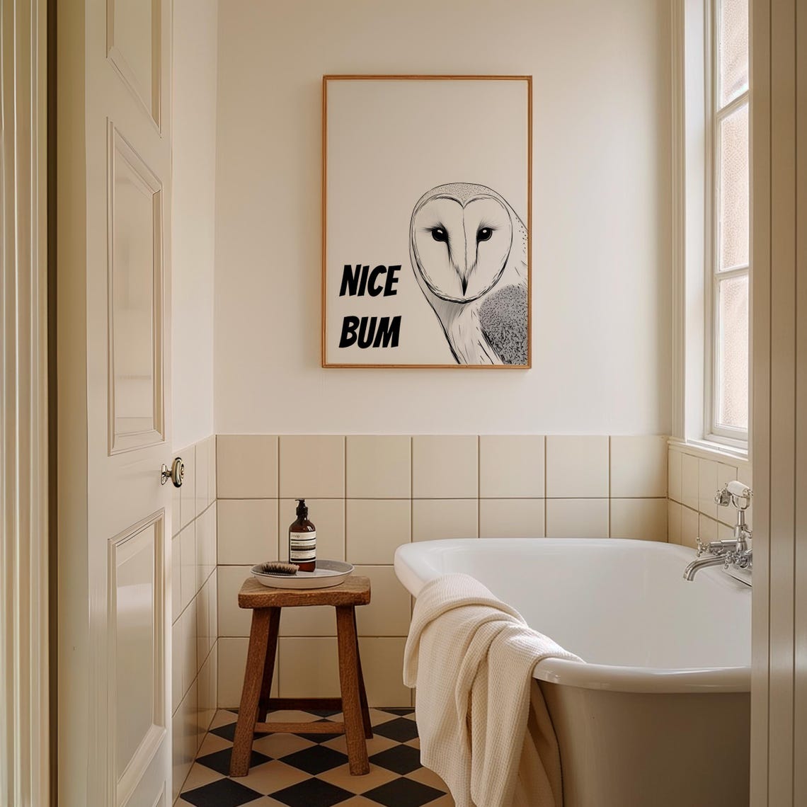 Funny Barn Owl Sketch with Cheeky Nice Bum Bathroom Humor Poster - Image 2