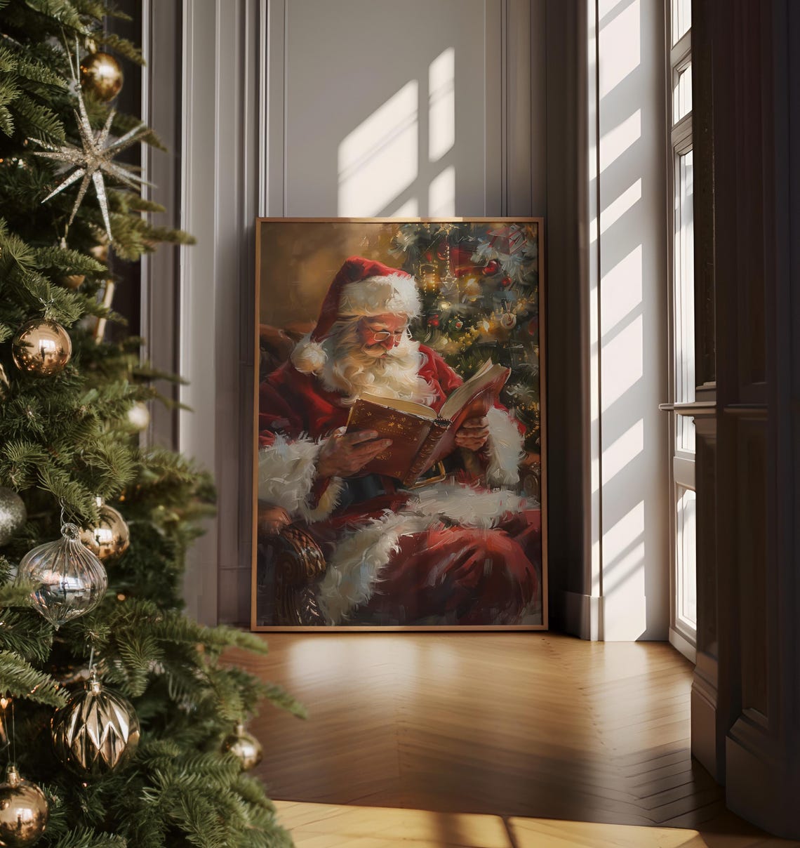 Vintage Christmas Print Festive Xmas Decor Santa Claus Reading Book Poster Holiday Oil Painting Seasonal Christmas Home Decor - Image 2