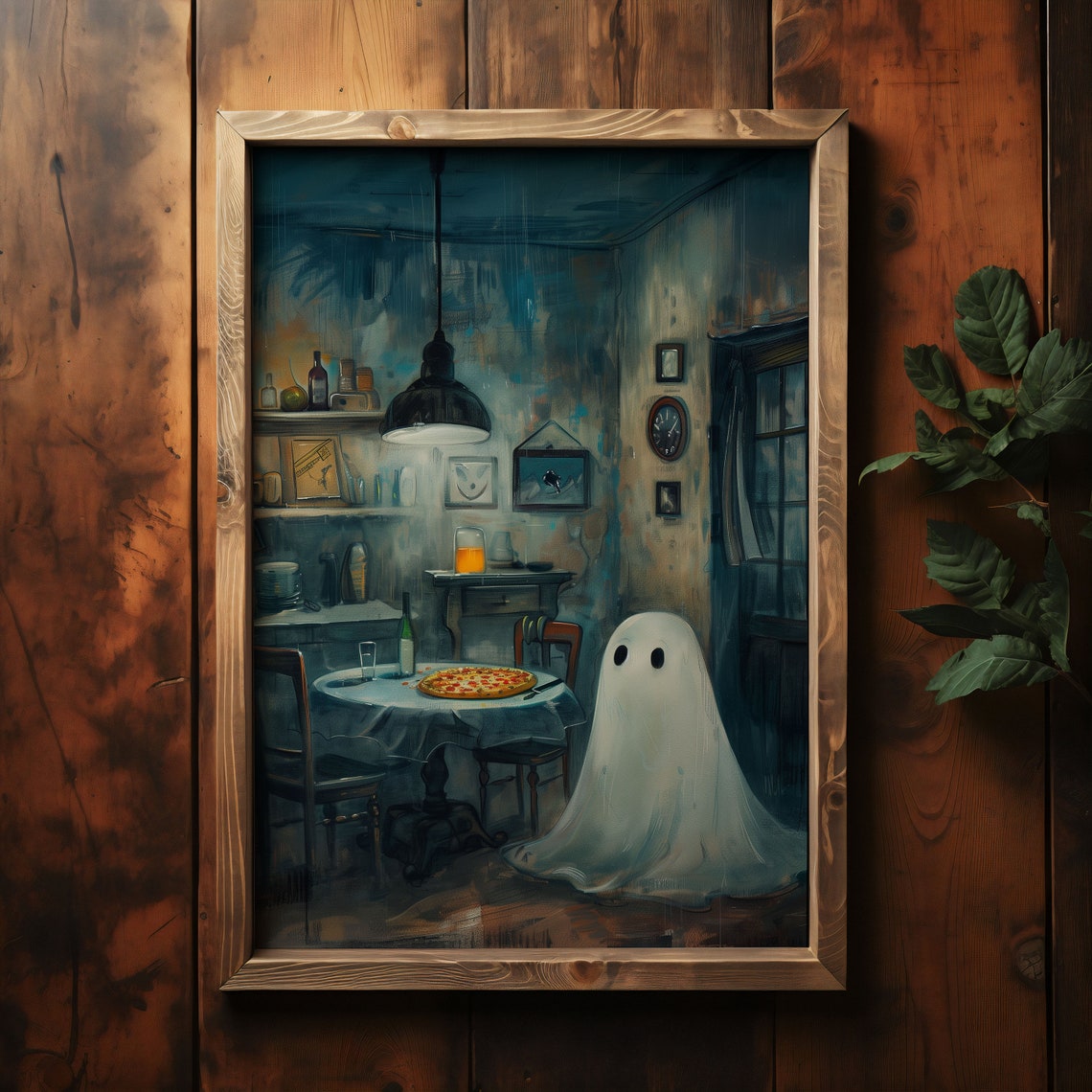 Cute White Ghost Enjoying Pizza Night in Dark Cozy Restaurant Poster - Image 3