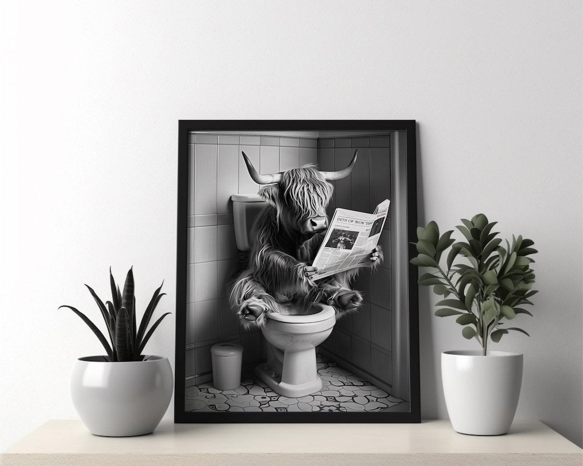 Highland Cow on Toilet Reading Newspaper Funny Bathroom Poster - Image 2