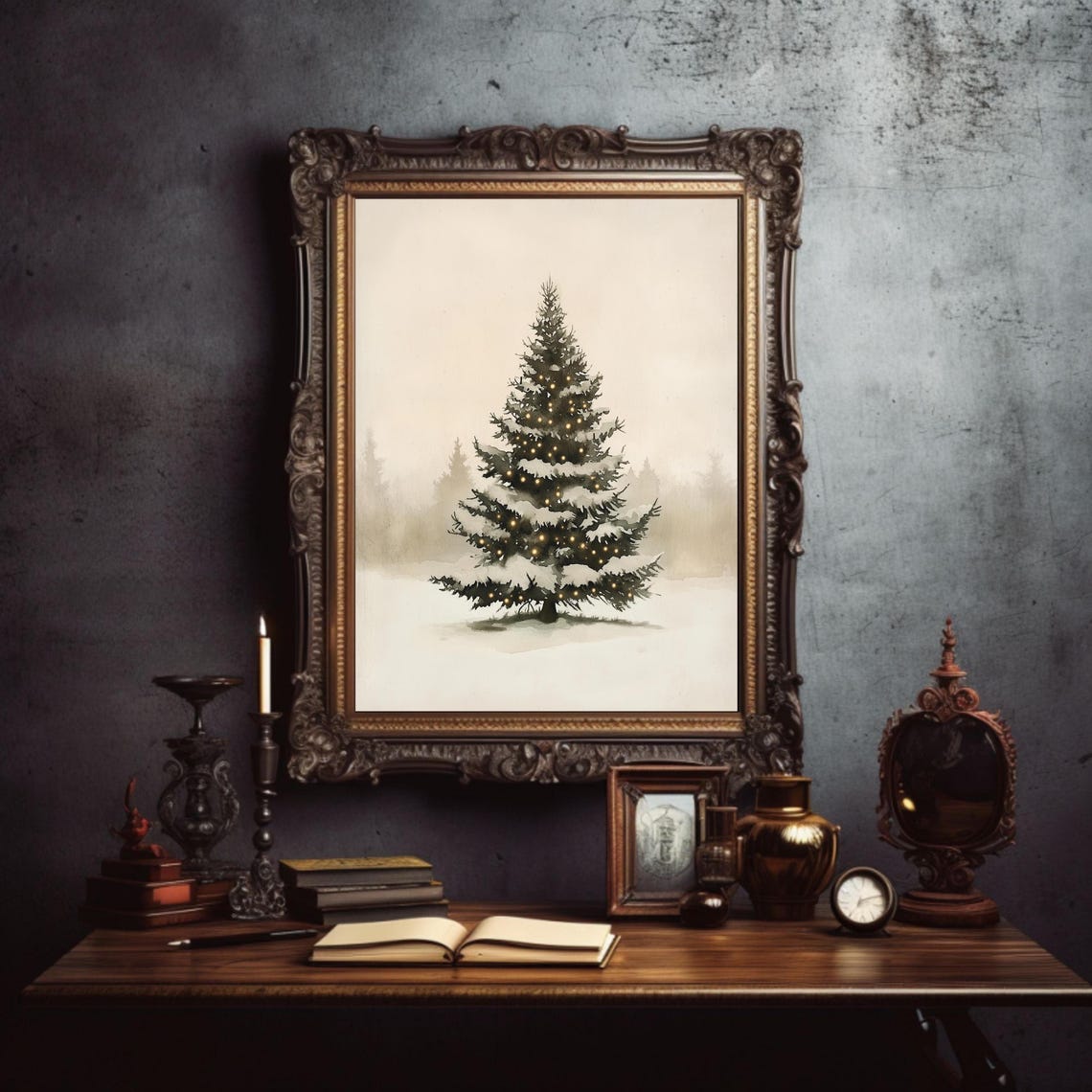 Snow Covered Evergreen Tree Golden Lights Misty Winter Wall Poster - Image 2
