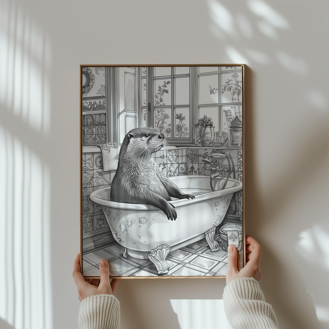 Otter Relaxing in Clawfoot Bathtub Black White Sketch Bathroom Poster - Image 3