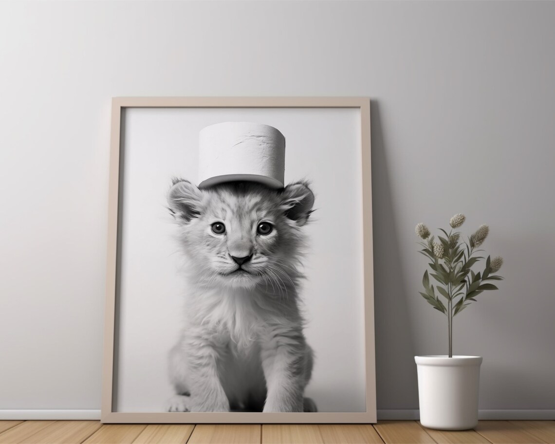 Baby Lion Cub Wearing Toilet Paper Hat Funny Bathroom Sketch Poster - Image 2