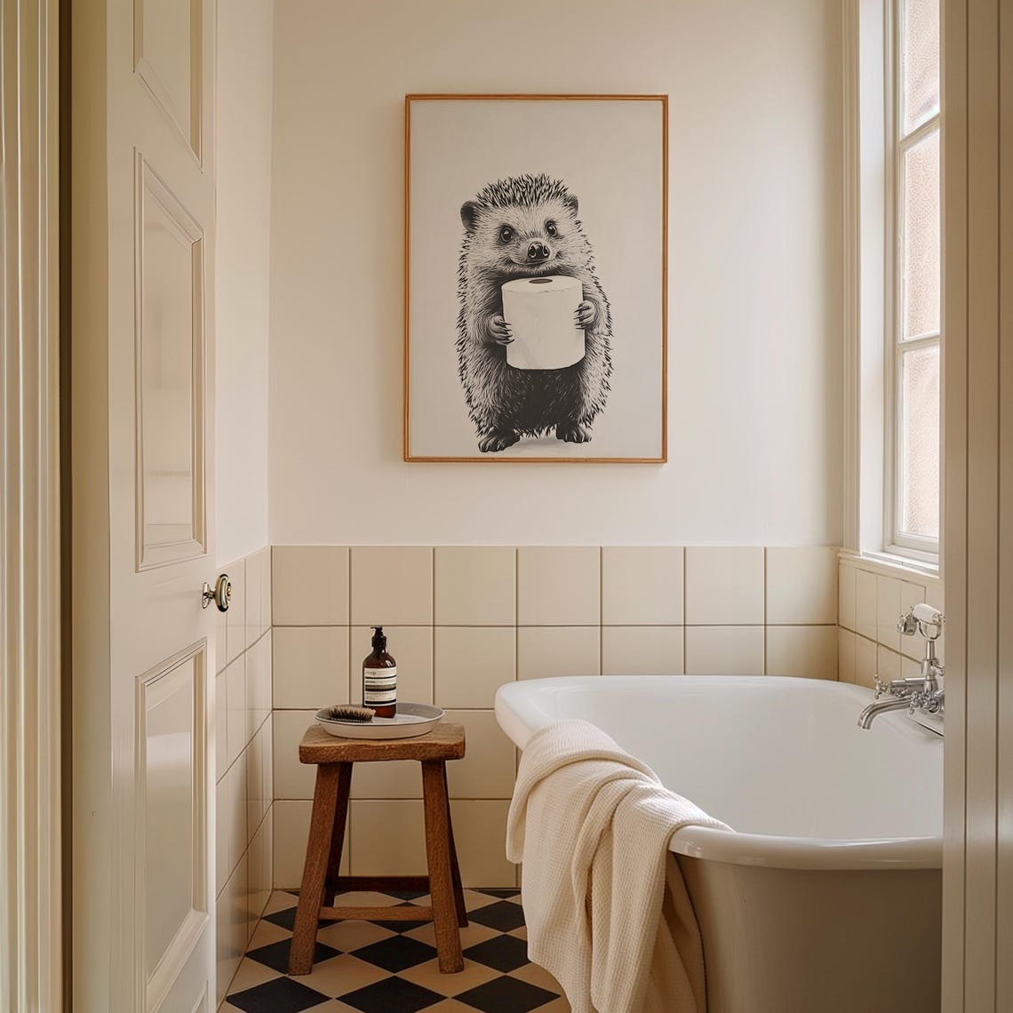 Cute Hedgehog Holding Toilet Paper Funny Bathroom Wall Poster - Image 2