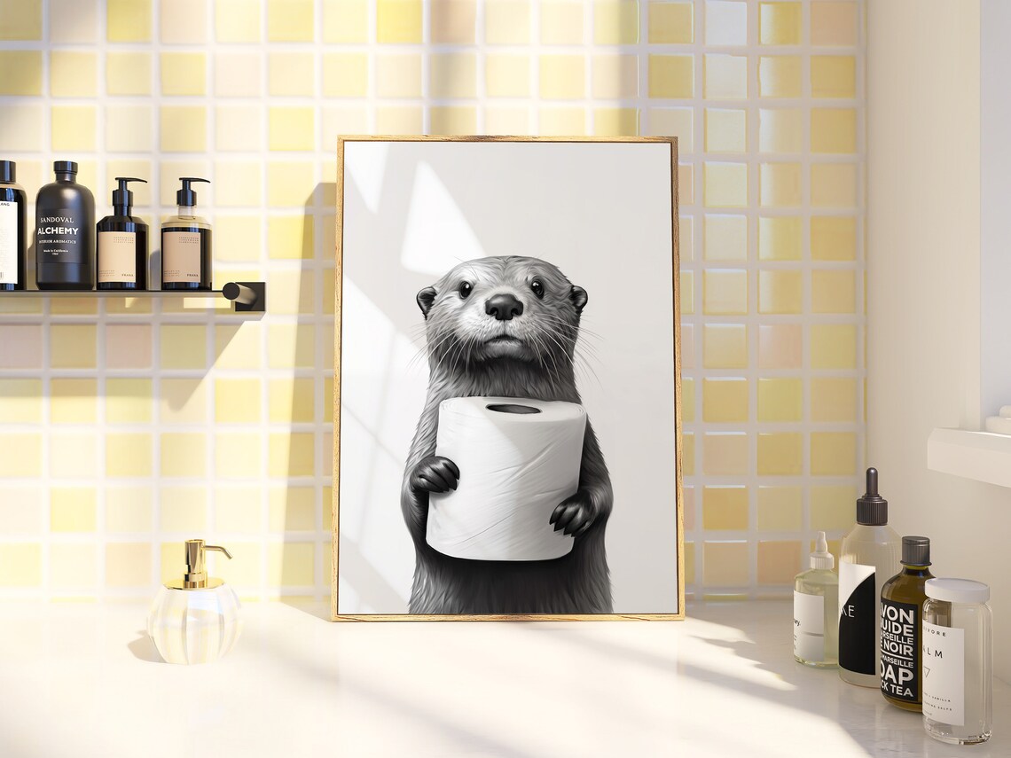 Otter Animal Bathroom Art Print, Black and White - Image 3