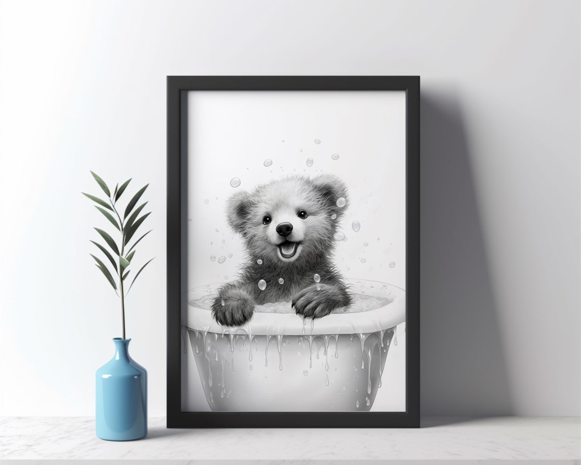 Bear Poster Animal Bathroom Wall Decor Bear Gift Bathroom Wall Art Black And White Bathroom Art Print