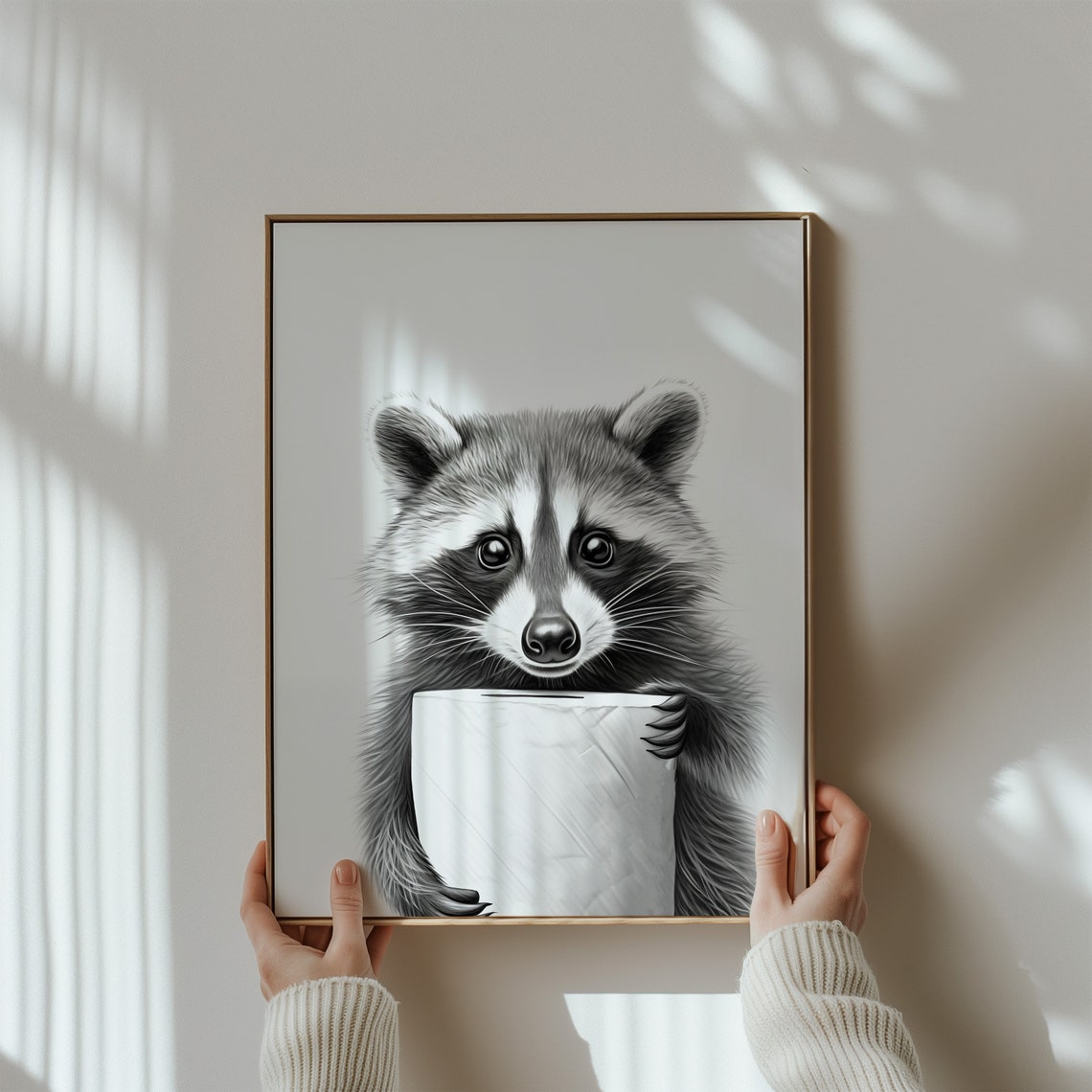 Cute Raccoon Holding Toilet Paper Funny Black White Bathroom Poster