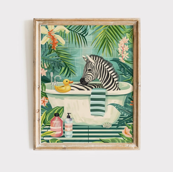 Zebra Painting Bathroom Animal Print Zebra Print Wall Art Maximalist Animal Bath Wall Art Tropical Safari Bathroom Prints Toilet Decor