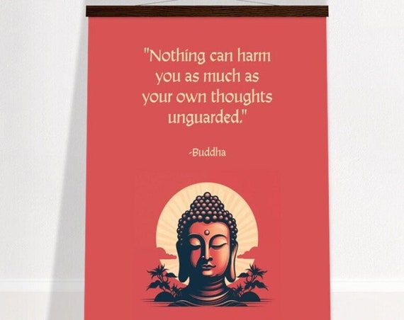 Mindful Buddha Poster With Magnetic Wooden Hanger Minimalist Zen Inspirational Wall Art Red