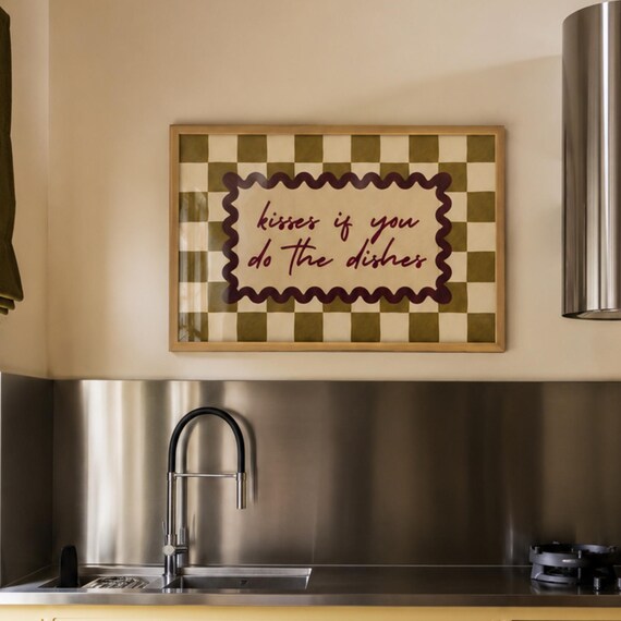 Kisses If You Do The Dishes Funny Checkered Kitchen Quote Wall Art