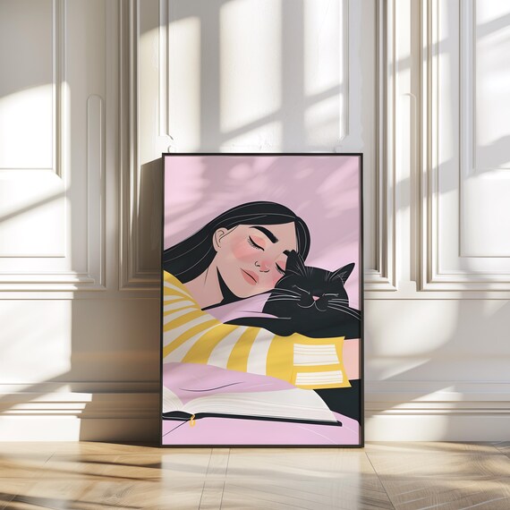 Black Cat Girl Reading With Book Pink Japanese Illustration Poster