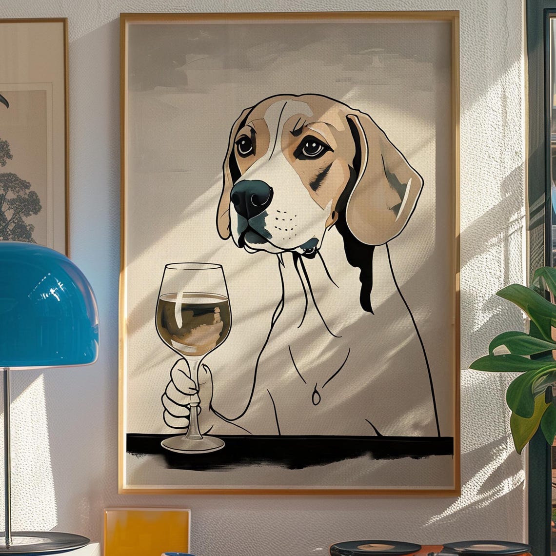 Beagle Dog Holding White Wine Glass Beige Painterly Pet Art Poster - Image 5