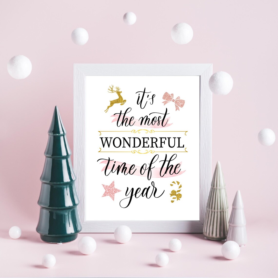 Its The Most Wonderful Time Of The Year Print Christmas Quote Wall Decor Holiday Home Decor Pink And Gold Christmas Wall Art Winter Art - Image 3