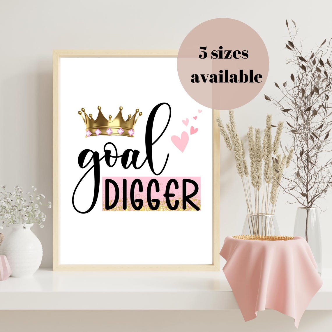 Goal Digger Gold Crown Motivational Girl Boss Quote Poster Pink Office - Image 3