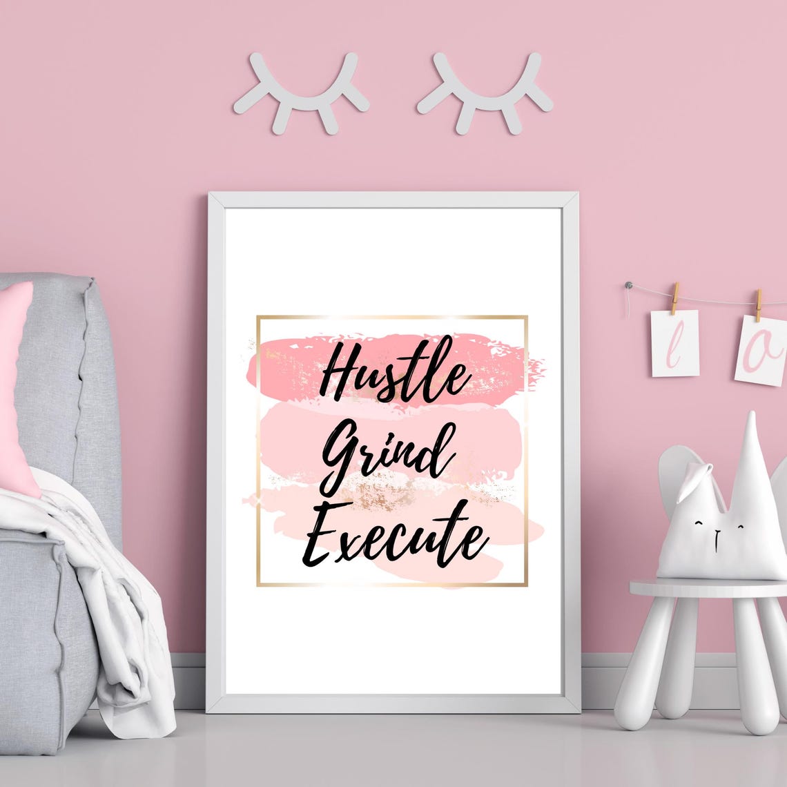 Hustle Grind Execute Pink Brushstroke Inspirational Office Poster For Women - Image 2