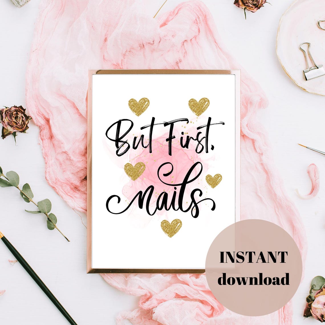 But First Nails Gold Glitter Hearts Nail Salon Quote Poster Pink Decor - Image 4