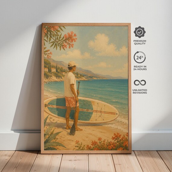 Vintage Paddleboard On Mediterranean Beach Coastal Surf Scene Poster