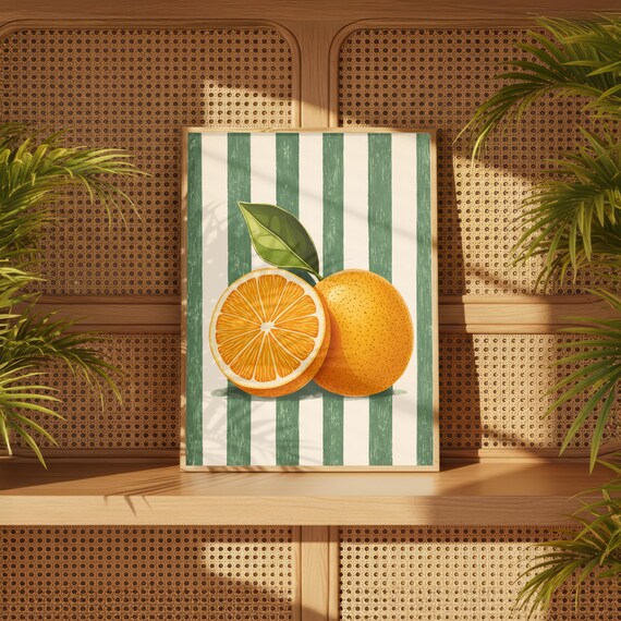 Fresh Oranges On Green White Striped Retro Kitchen Wall Poster