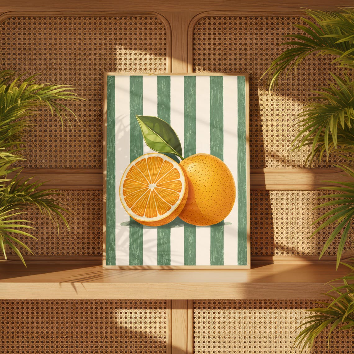 Fresh Oranges On Green White Striped Retro Kitchen Wall Poster