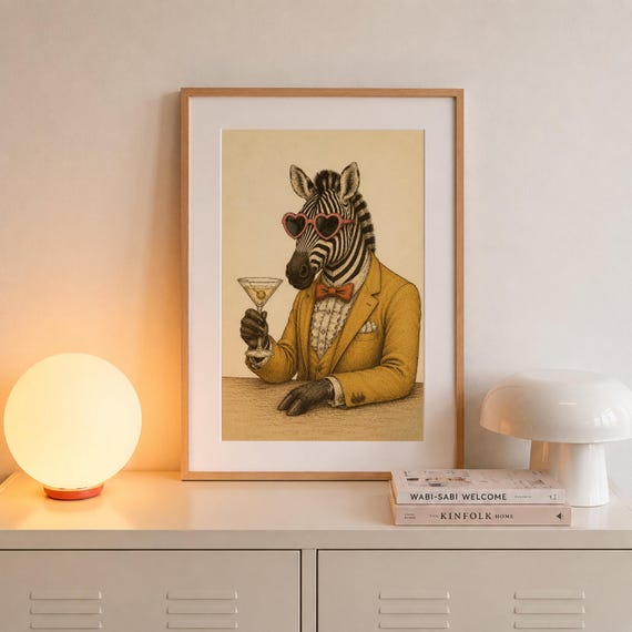 Funny Zebra Cocktail Print Whimsical Animal Wall Art Quirky Bar Decor Download