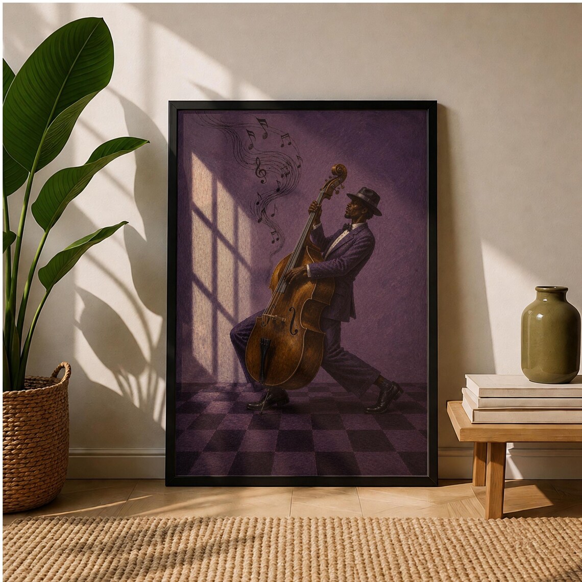 Jazz Double Bass Player Purple Suit Retro Musician Art Poster