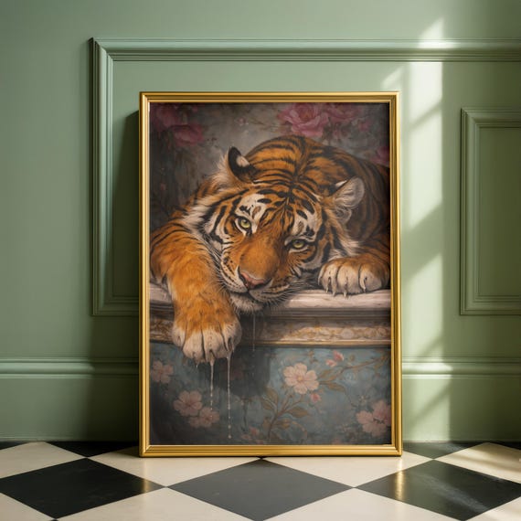 Elegant Tiger Painting Print Vintage Animal Wall Art Moody Floral Decor Wildlife Poster
