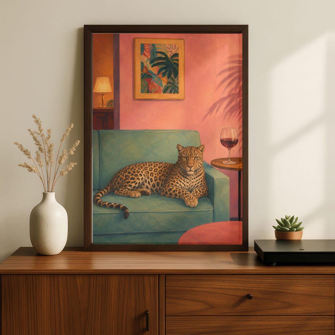Leopard Lounge Wall Art Maximalist Big Cat Print Tropical Pink Cocktail Decor
