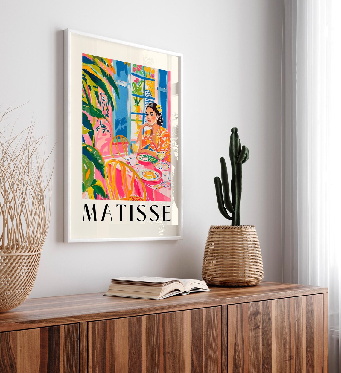 Matisse Style Woman Dining at Pink Cafe Table Floral Dress Art Poster - Image 4