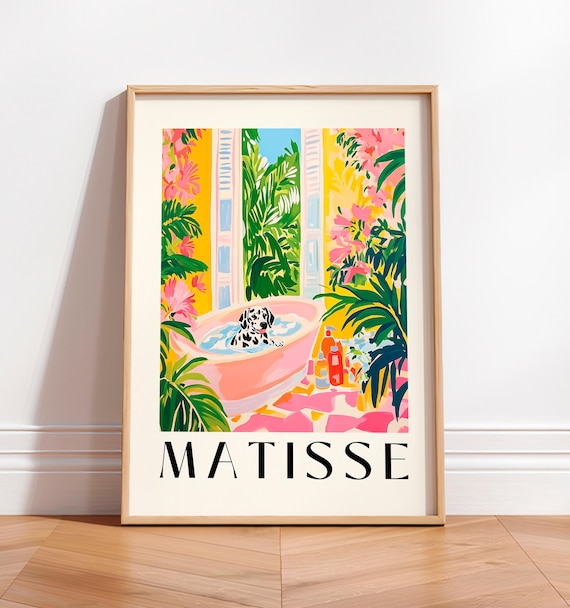 Dalmatian Print Aesthetic Bathroom Wall Art Dog Poster Inspired By Henri Matisse Pink Midcentury Art Print