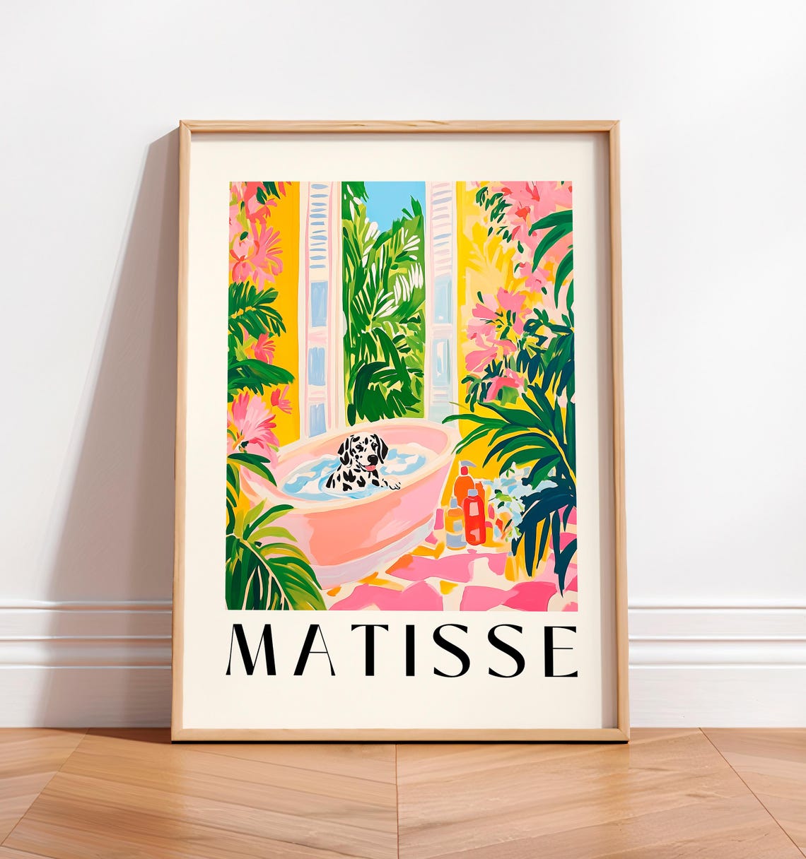 Matisse Style Dalmatian Puppy Bubble Bath Pink Tropical Poster