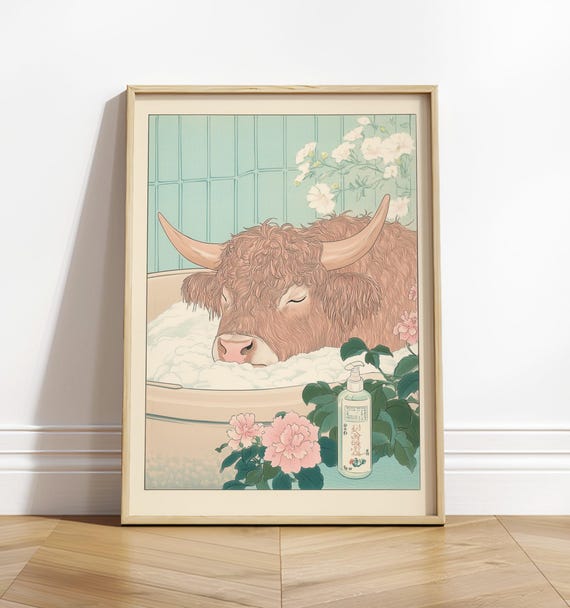 Highland Cow Ukiyo-e Japanese Bathroom Art Print