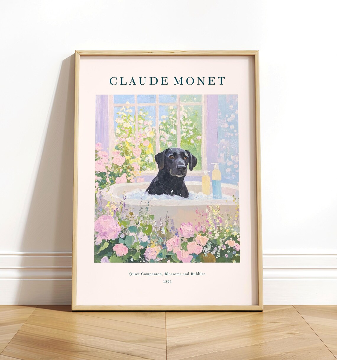 Black Lab In French Bathroom, Monet-Style Art Print