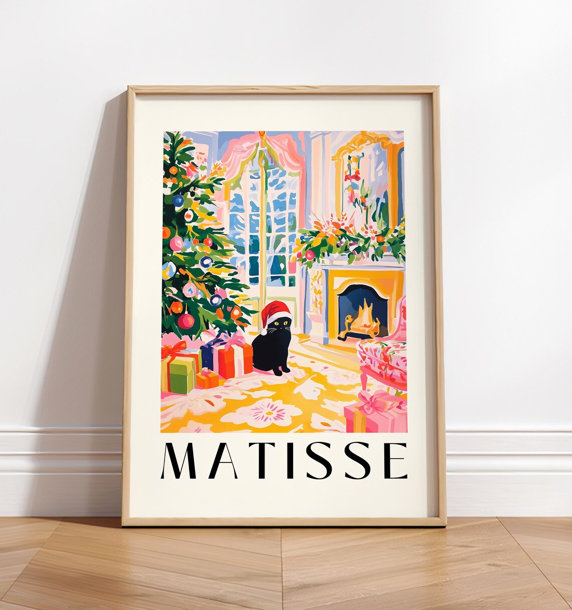 Black Cat In Santa Hat, Matisse-Inspired Christmas Print