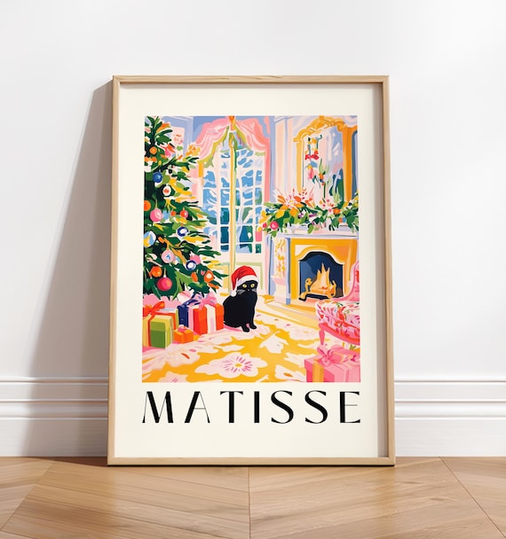 Black Cat In Santa Hat, Matisse-Inspired Christmas Print