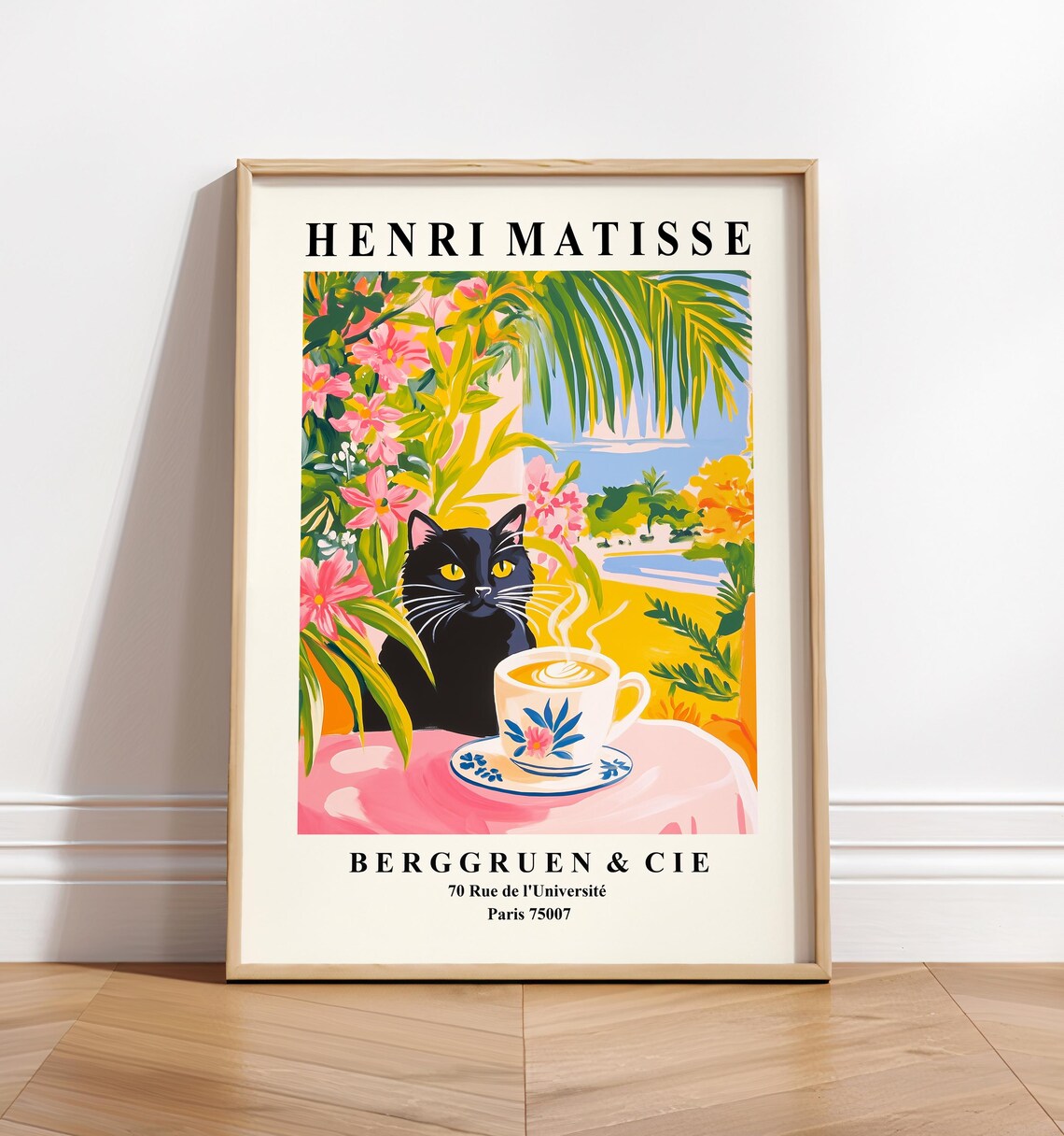 Black Cat Drinking Coffee Art Print, Matisse-Inspired