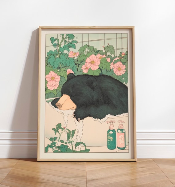 Black Bear Ukiyo-e Art Print, Japanese Bathroom Decor