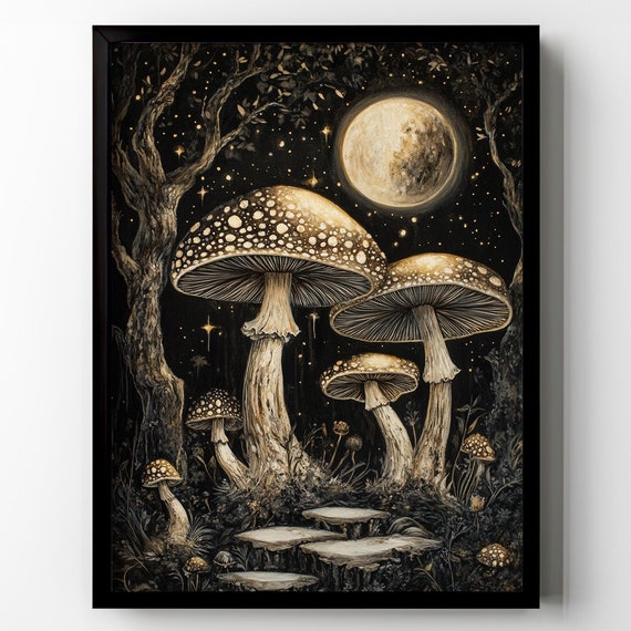 Celestial Mushrooms Poster Print Full Moon Trippy Dark Academia Wall Art Nature Aesthetic Whimsical Wall Decor Shroom Gift Matte Poster