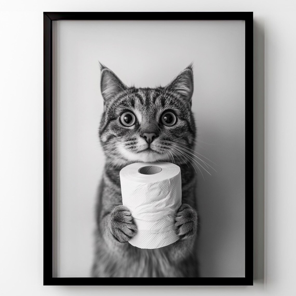 Tabby Cat Holding Toilet Paper Funny Black And White Bathroom Cat Poster