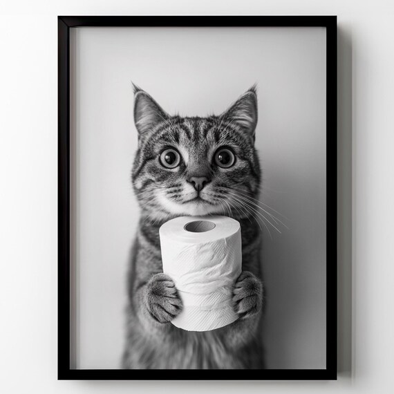 Tabby Cat Holding Toilet Paper Funny Black And White Bathroom Cat Poster