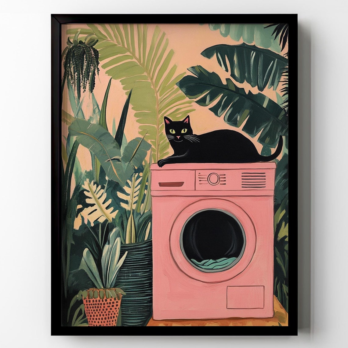 Black Cat On Pink Washing Machine Funny Laundry Room Decor Poster