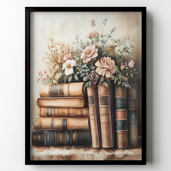 Watercolor Vintage Books Blush Roses Wildflowers Reading Nook Poster