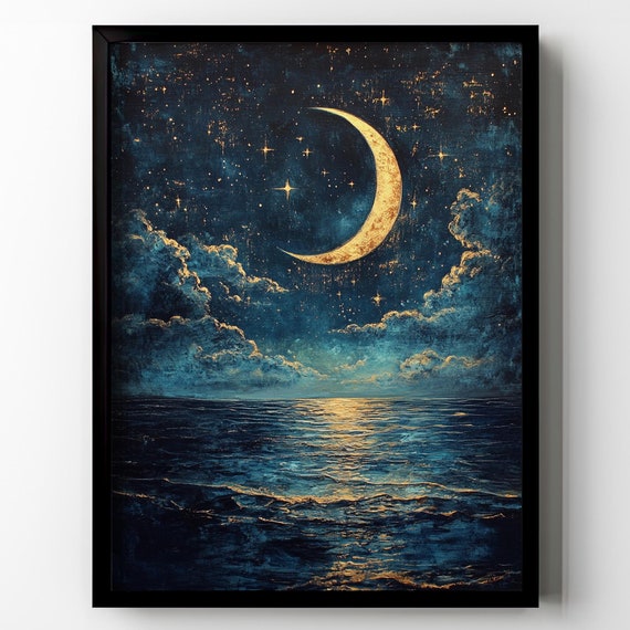 Night Sky Celestial Enchanting Painting Poster Print Dark Moody Crescent Moon Wall Art Wall Decor Ocean Clouds Maximalist Gift Matte Poster